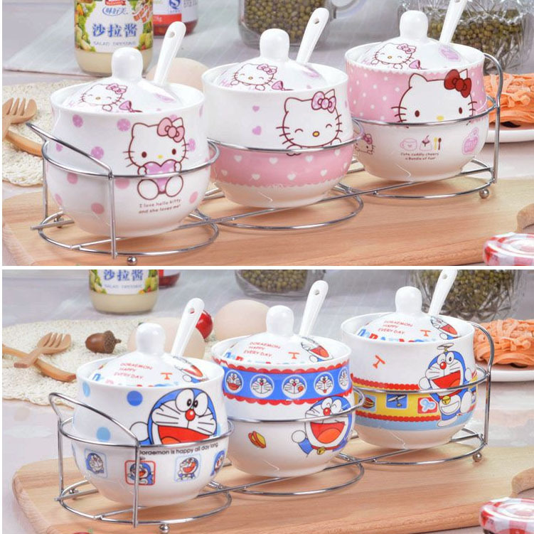 凱蒂貓 hello kitty 陶瓷鼓形調味瓶+帶鐵架+勺三件套 廚房用品工廠,批發,進口,代購