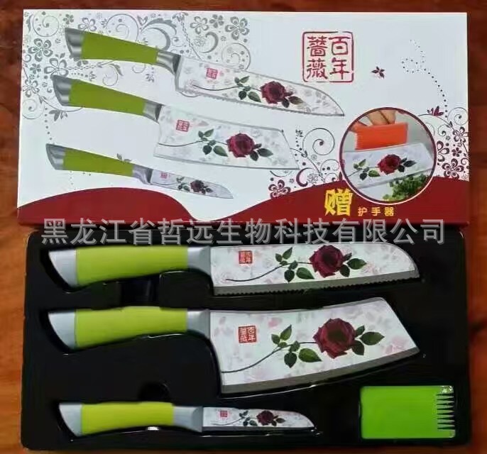 韓國印花不銹鋼百年薔薇四件套廚房刀具禮品套刀菜刀廚刀會銷禮品工廠,批發,進口,代購