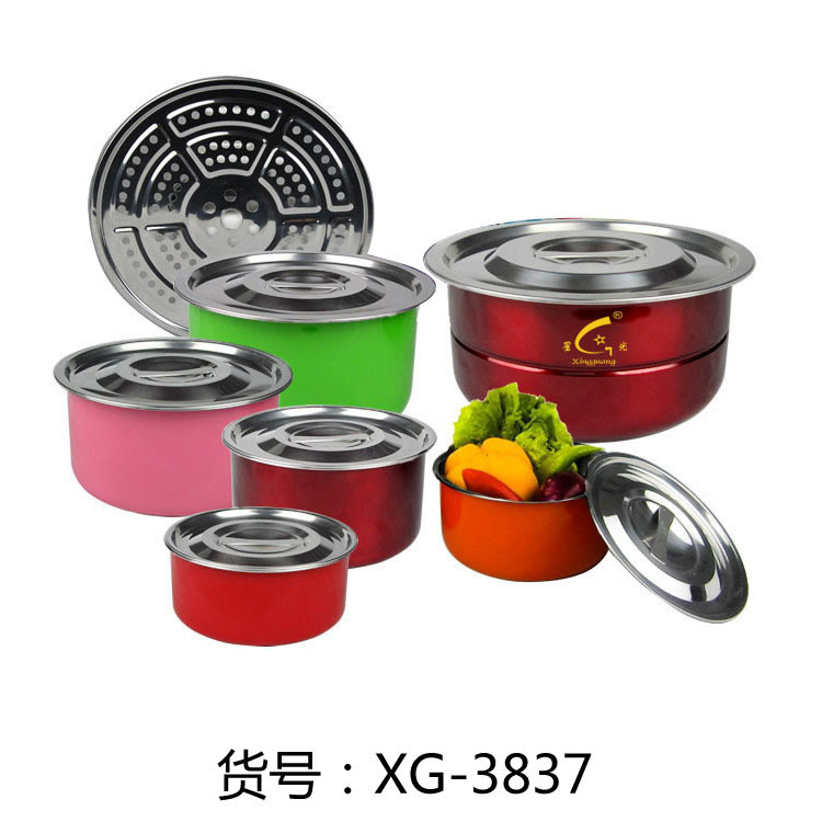 XG-3837 炫彩超值6+1不銹鋼料理鍋多用鍋禮品套裝鍋工廠,批發,進口,代購