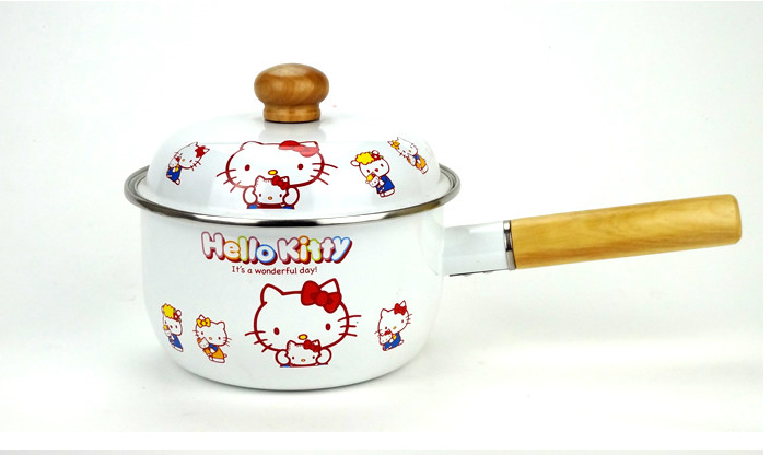 新品上市   hellokitty單柄木柄搪瓷奶鍋18cm 雙耳搪瓷湯鍋20cm工廠,批發,進口,代購