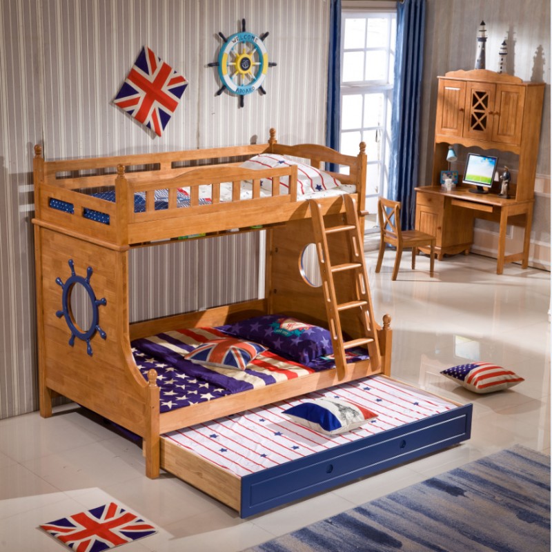 B01兒童床全實木雙層床進口橡木地中海上下床海盜船藍色配高箱床批發・進口・工廠・代買・代購