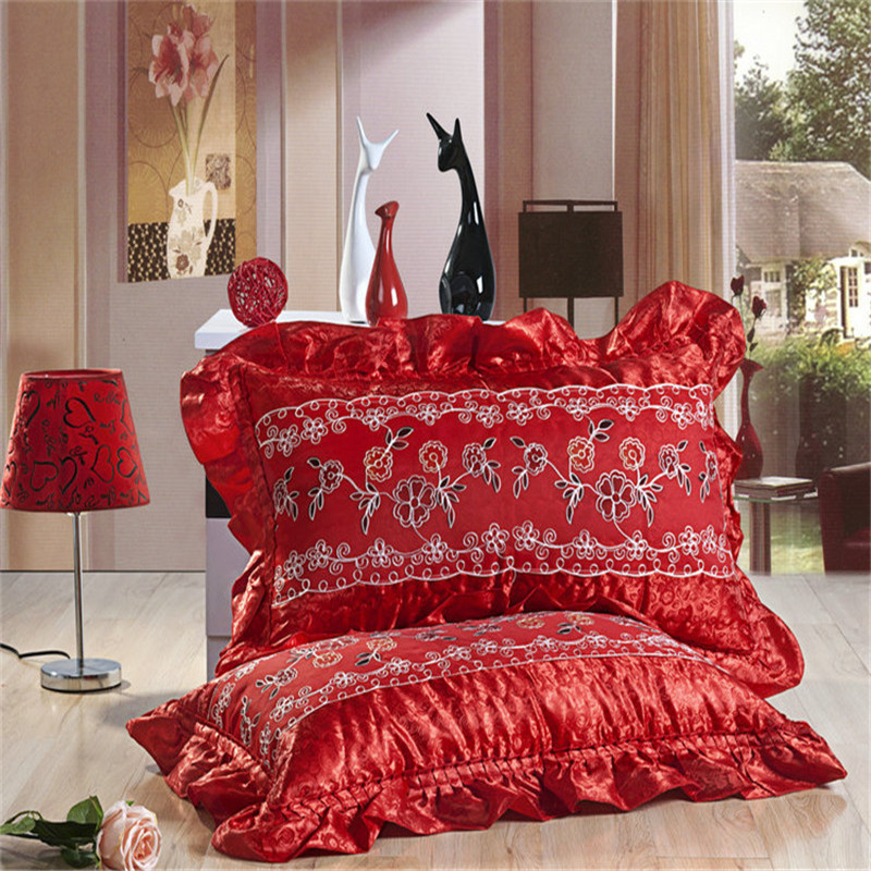 大紅綢緞 絲綢婚慶 單人枕套一對雙人枕套一隻荷葉繡花結婚枕頭套工廠,批發,進口,代購