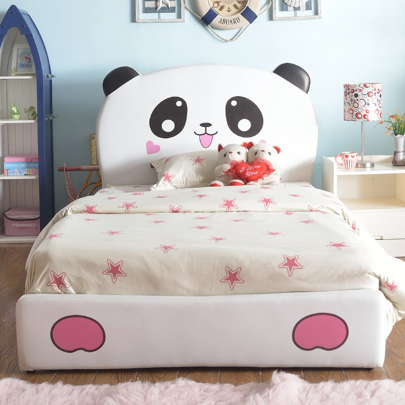 現代卡通皮藝兒童床男女孩kitty熊貓實木1.2米單人床兒童傢具定製工廠,批發,進口,代購