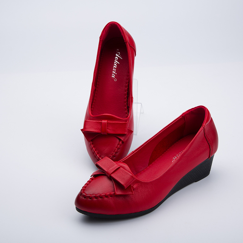 2016春季新款一腳蹬女鞋紅色蝴蝶結坡跟單鞋真皮鞋子懶人套腳鞋工廠,批發,進口,代購