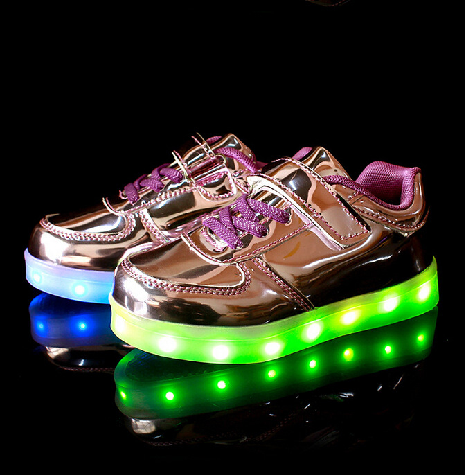 2016金銀亮麵魔術貼燈鞋兒童燈鞋USB充電LED發光鞋男女童鞋批發・進口・工廠・代買・代購
