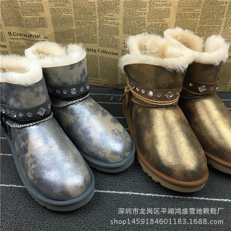 8227款澳洲進口羊皮毛一體防水雪靴鑲鉆蝴蝶結短款女靴工廠直銷工廠,批發,進口,代購