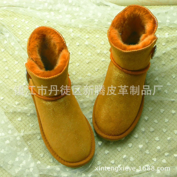 廠傢直銷3352佈紋牛皮羊毛一體保暖雪靴 矮筒圓頭低跟女靴工廠,批發,進口,代購