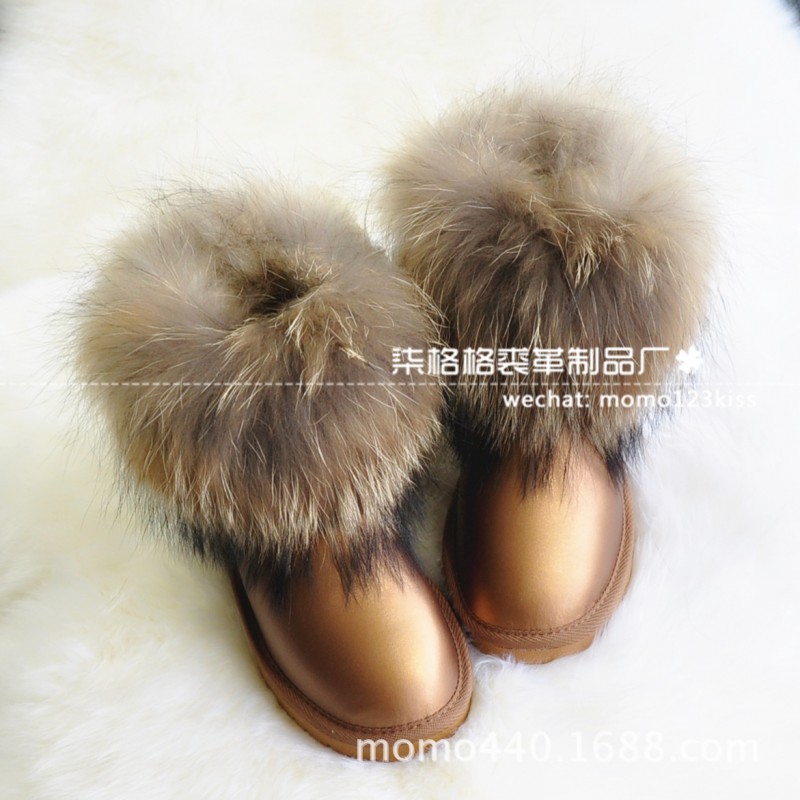 5854超大狐貍毛短筒防水雪靴女冬季牛皮保暖短靴子低筒女靴工廠,批發,進口,代購