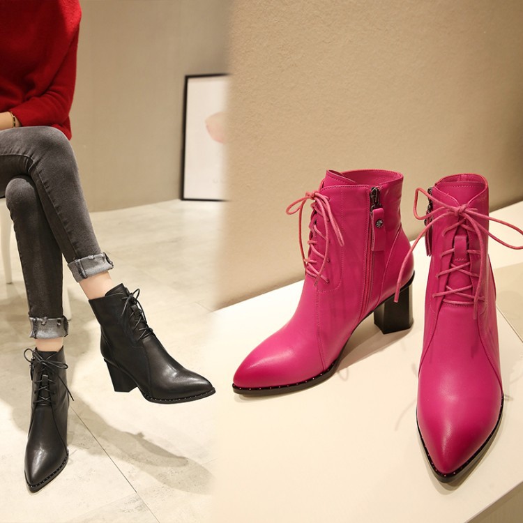 2016秋季最新款玫紅色高跟鞋深口皮鞋真皮優雅氣質尖頭短靴單靴女工廠,批發,進口,代購