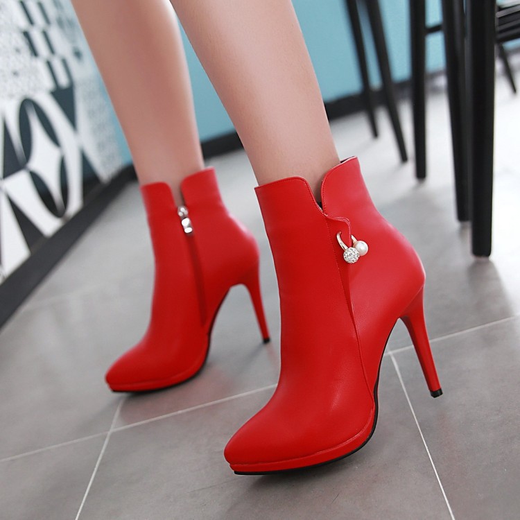 一件代發2016新款秋季單靴紅色婚靴短靴側拉鏈水鉆尖頭歐美風女靴工廠,批發,進口,代購