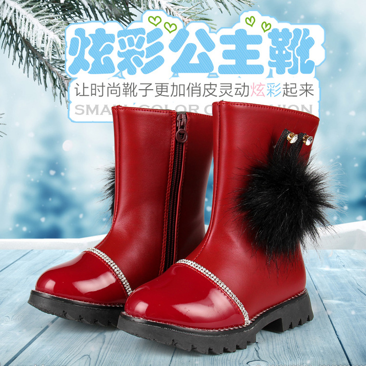 韓國版新款漆皮兔毛女童冬季皮靴子雪靴兒童鞋短毛絨保暖寶寶鞋批發・進口・工廠・代買・代購