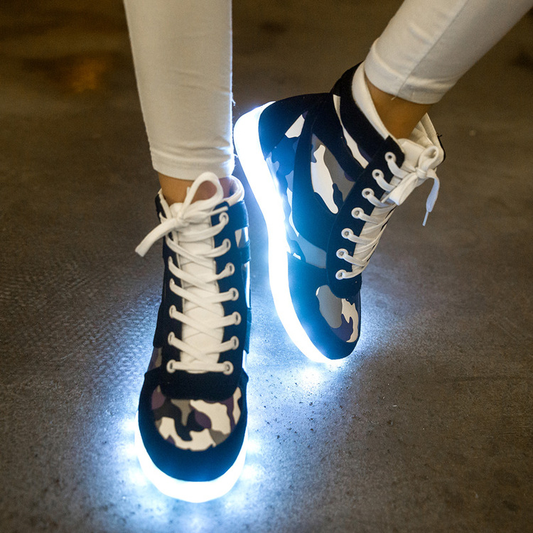 高幫迷彩七彩發光鞋USB充電情侶薄款夜光熒光鞋LED燈鞋男女批發・進口・工廠・代買・代購