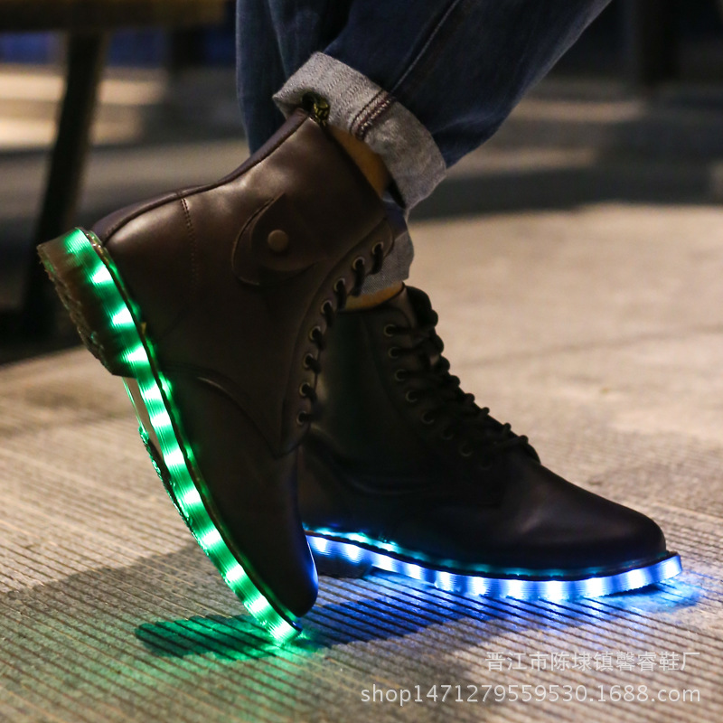 廠傢直銷2016新款發光鞋USB充電LED馬丁靴外貿發光鞋 高幫情侶鞋工廠,批發,進口,代購