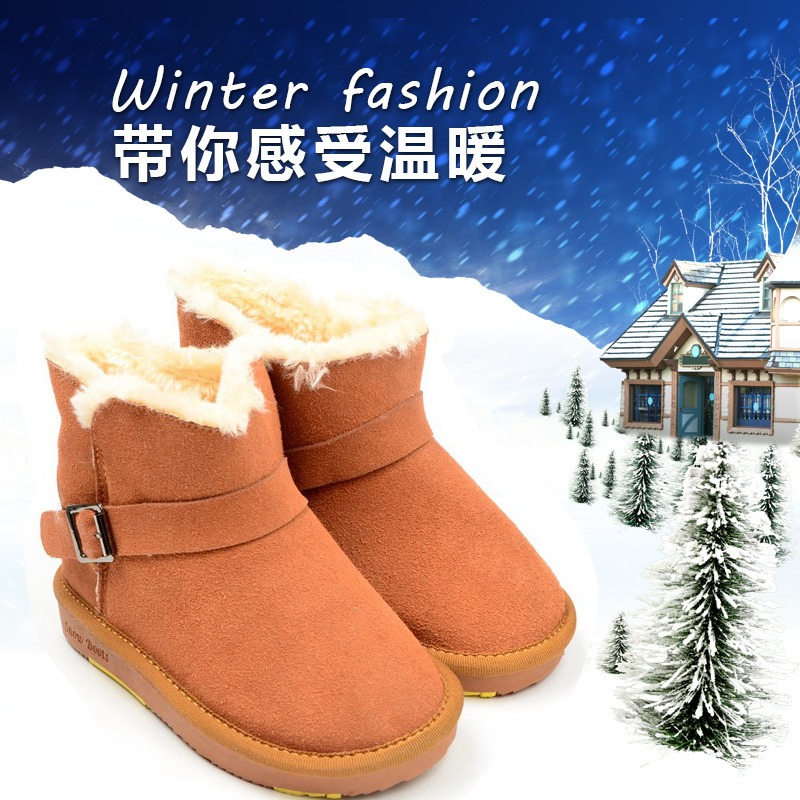2016冬季新款真皮童靴 冬季保暖舒適雪靴 搭扣平底加絨短靴工廠,批發,進口,代購