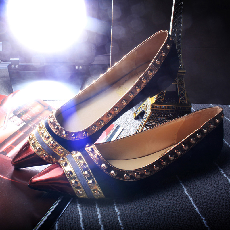 168-1歐美韓版絨麵尖頭漆皮鉚釘舒適修身平底鞋單鞋女鞋一件代發工廠,批發,進口,代購