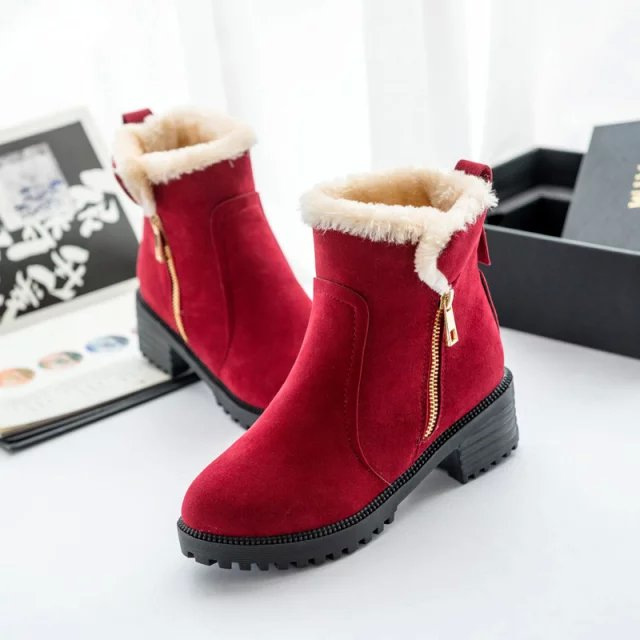 冬季上新女式棉靴側拉鏈毛絨保暖低跟騎士靴圓頭低筒雪地短靴批發工廠,批發,進口,代購