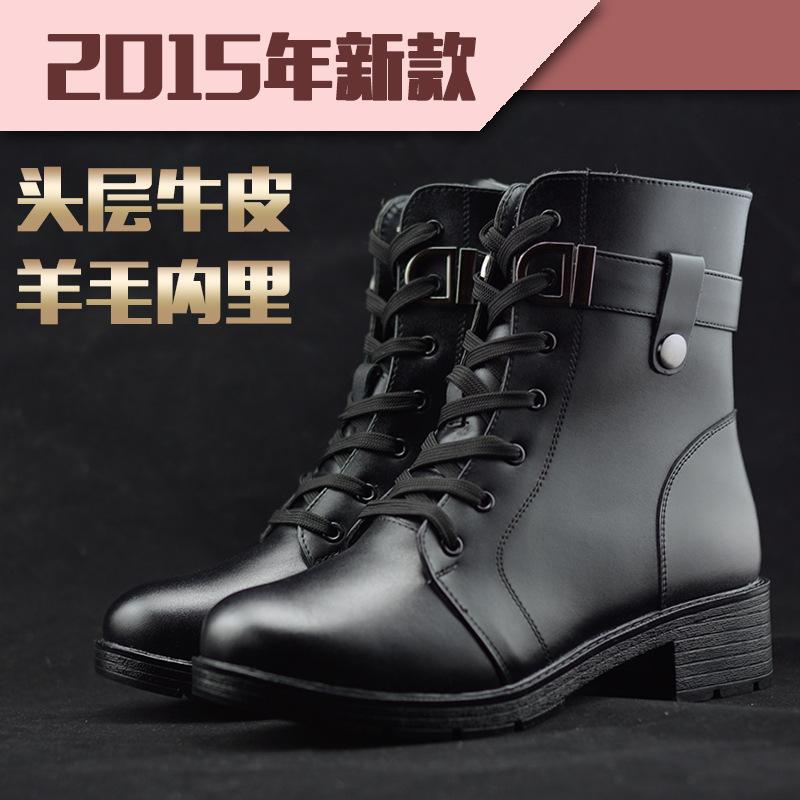 2015新款中跟女靴女式軍靴馬丁靴英倫頭層牛皮冬季羊毛靴466C批發・進口・工廠・代買・代購