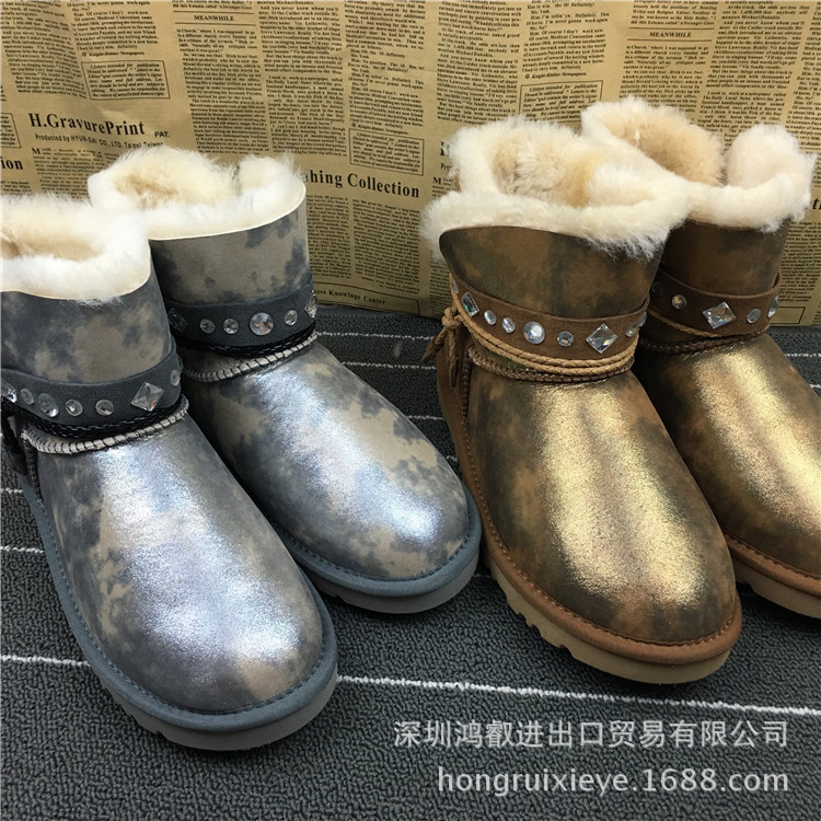 雪靴1008227款金屬色羊皮毛一體雪靴女士短靴鉆石裝飾女靴批發・進口・工廠・代買・代購