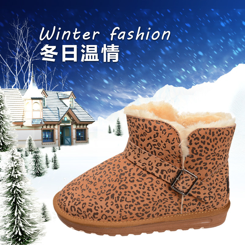 2016年新款雪靴女士冬季時尚個性舒適撞色搭扣豹紋平底加絨短靴批發・進口・工廠・代買・代購
