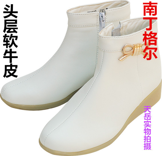 特價 冬季保暖護士鞋白色棉鞋短靴真皮冬天加絨防滑坡跟牛頭層皮批發・進口・工廠・代買・代購