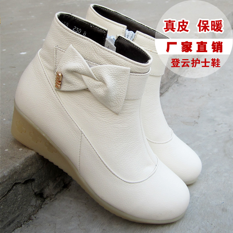 新款冬款經典真皮蝴蝶結護士棉靴坡跟保暖防滑防水工作鞋批發工廠,批發,進口,代購