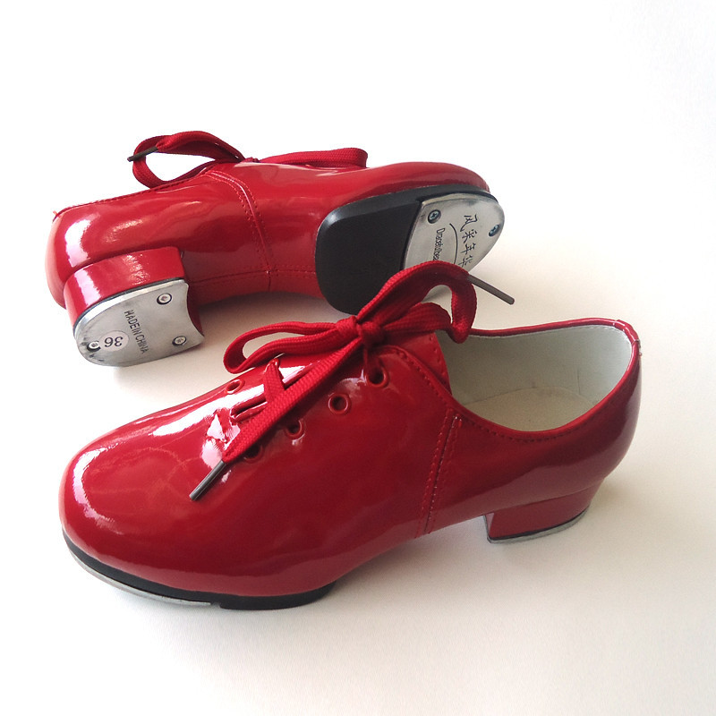 廠傢直銷 男女成人兒童通用踢踏舞鞋 紅亮革系帶高響鋁板底踢踏鞋批發・進口・工廠・代買・代購