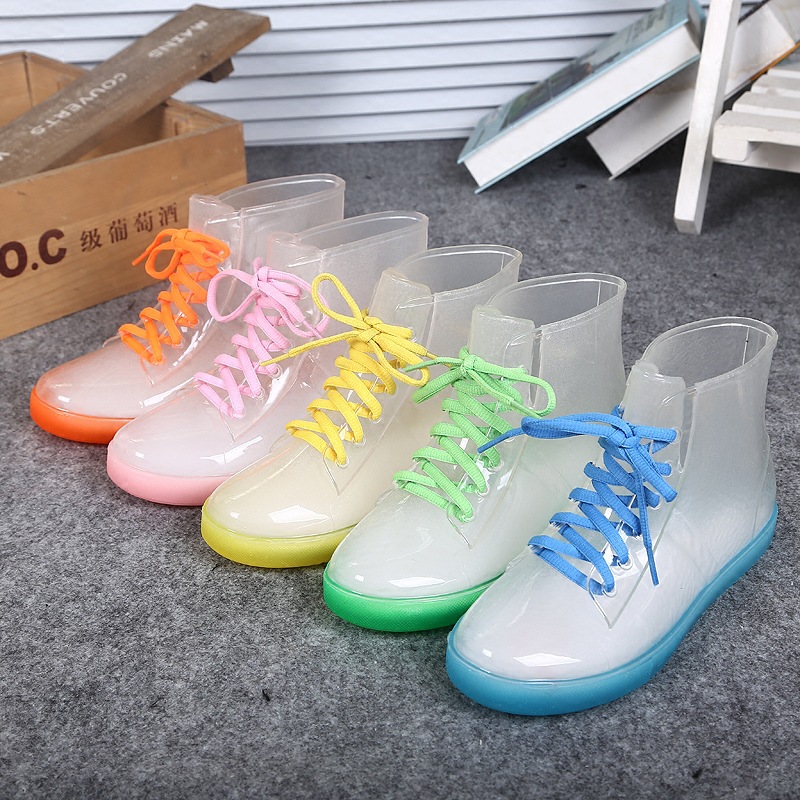 爆款韓國雨鞋水晶果凍鞋女士平跟透明鞋學生系帶短筒雨靴水鞋批發工廠,批發,進口,代購