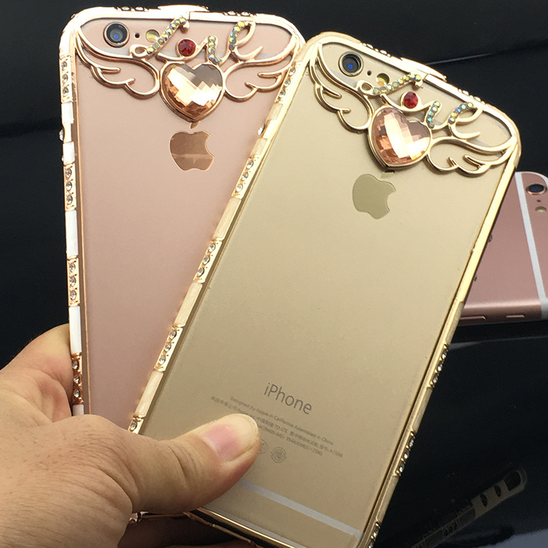 新款適用於iphone6手機殼蘋果6plus天使金屬邊框5S鑲鉆手機保護套工廠,批發,進口,代購