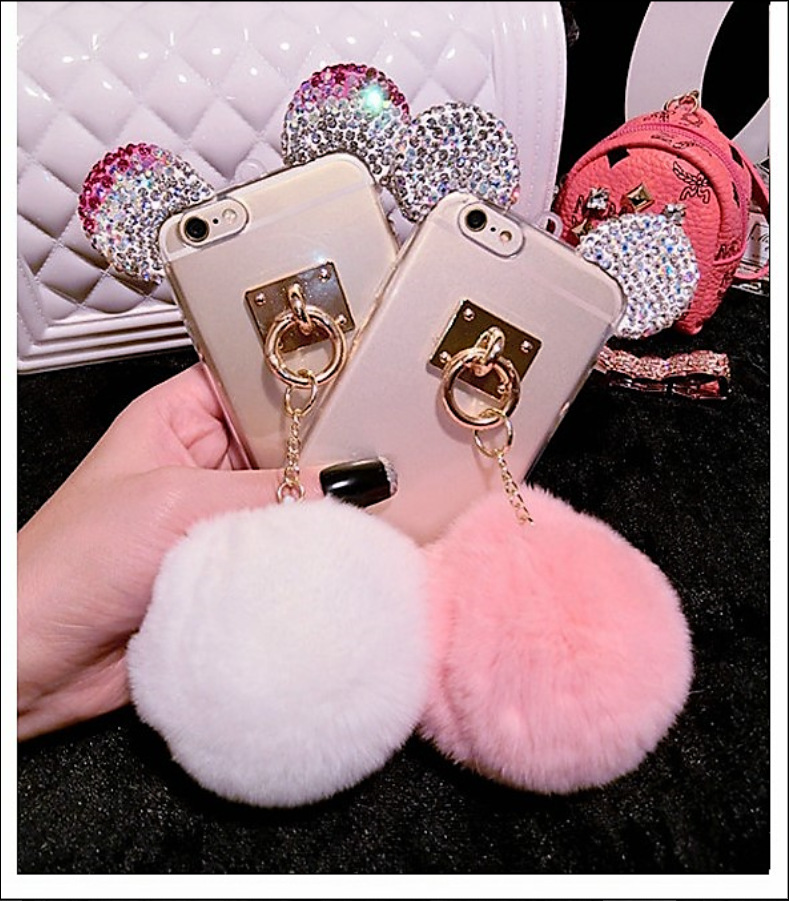 韓版iPhone6s狐貍毛獺兔毛球手機殼6plus鑲鉆石膏米奇耳朵保護套工廠,批發,進口,代購