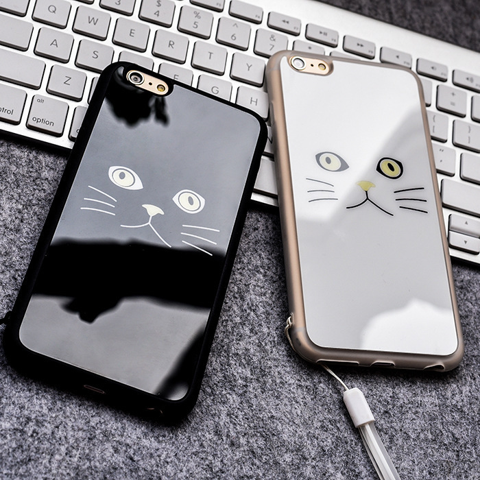 情侶黑白貓iPhone6s手機殼蘋果5矽膠亞克力鏡麵保護套掛繩plus殼工廠,批發,進口,代購