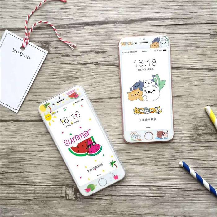 夏天西瓜iphone7鋼化膜全屏蘋果6 plus彩膜超薄卡通貓咪曲麵前膜工廠,批發,進口,代購
