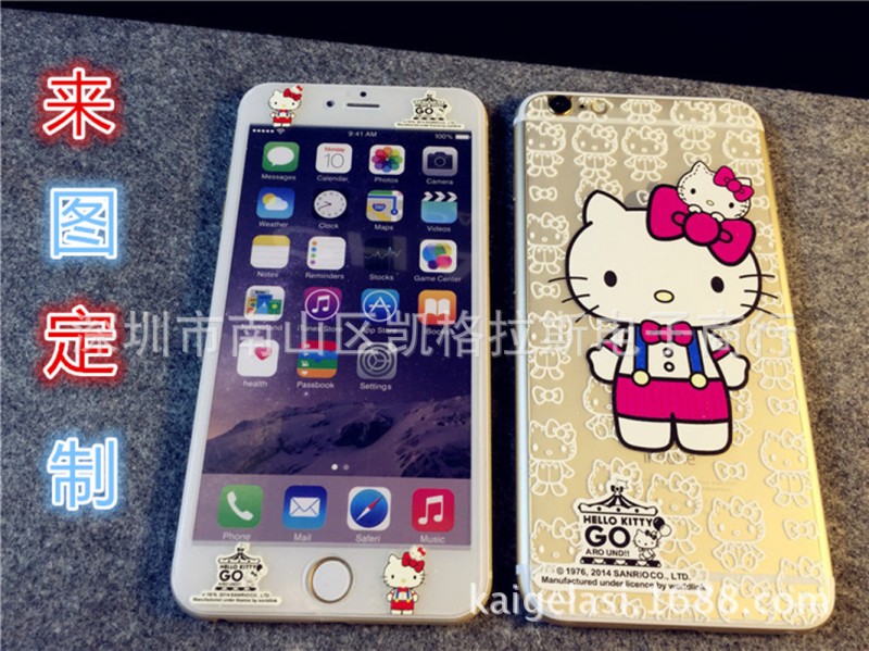 iphone6 KT卡通浮雕鋼化玻璃膜閃鉆鏤空膜帶手感彩膜來圖定製批發工廠,批發,進口,代購