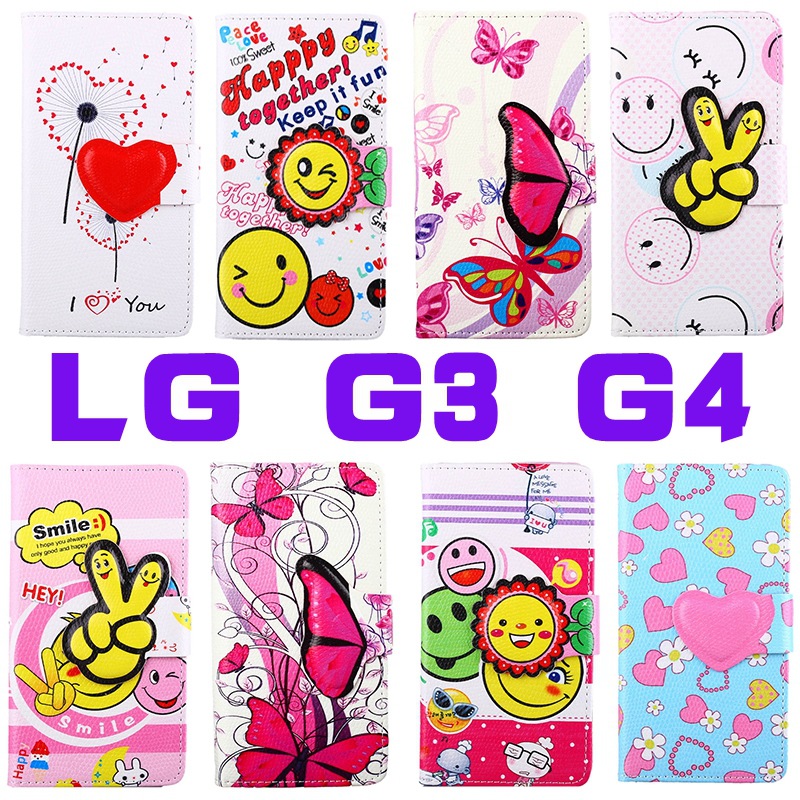 LG G3 G4立體卡通磁扣彩繪愛心蝴蝶插卡支架錢包功能手機皮套工廠,批發,進口,代購