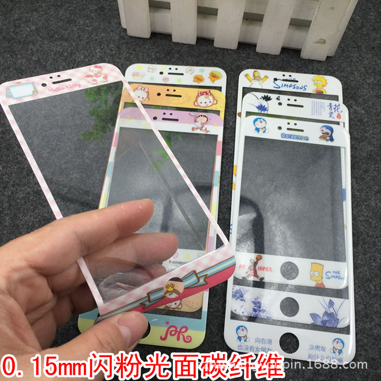 iPhone6鋼化玻璃膜全屏 蘋果6s閃粉彩膜4.7卡通碳纖維軟邊鋼護膜批發・進口・工廠・代買・代購