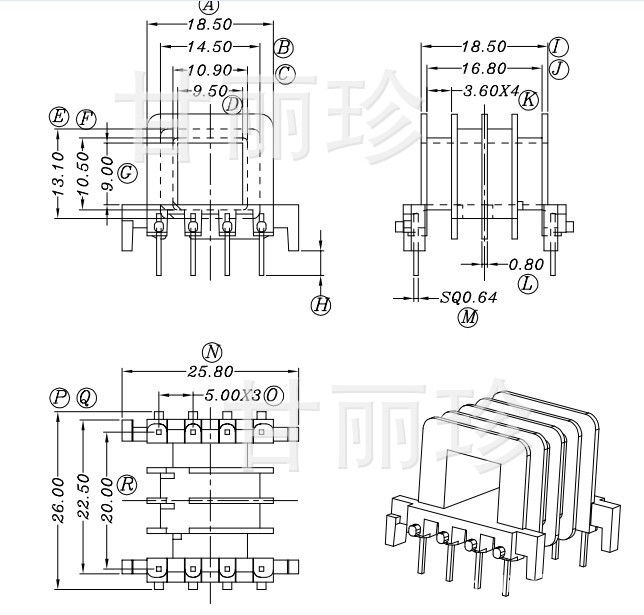 EF25 骨架4槽  臥式4+4針YT-2524尺寸圖工廠,批發,進口,代購