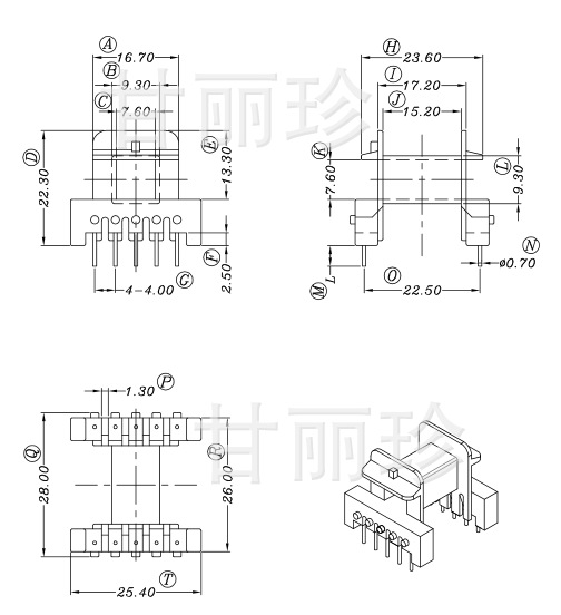 EF25高頻變壓器電木材質骨架 臥5+5腳  YT-2508  尺寸圖工廠,批發,進口,代購