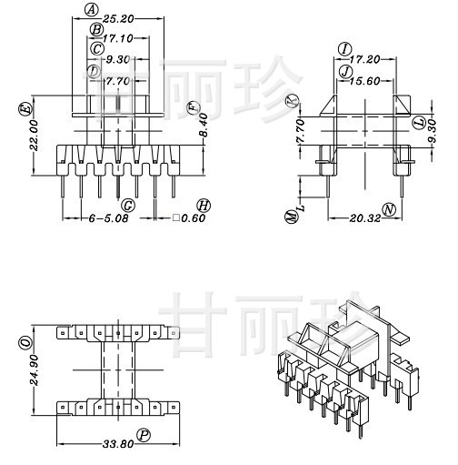 EF25 骨架 臥式7+7針YT-2514尺寸圖 7字針 L針工廠,批發,進口,代購