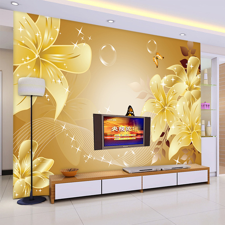 金色百合花卉 電視背景墻 客廳臥室溫馨大型壁畫 PVC墻紙 3D-070工廠,批發,進口,代購