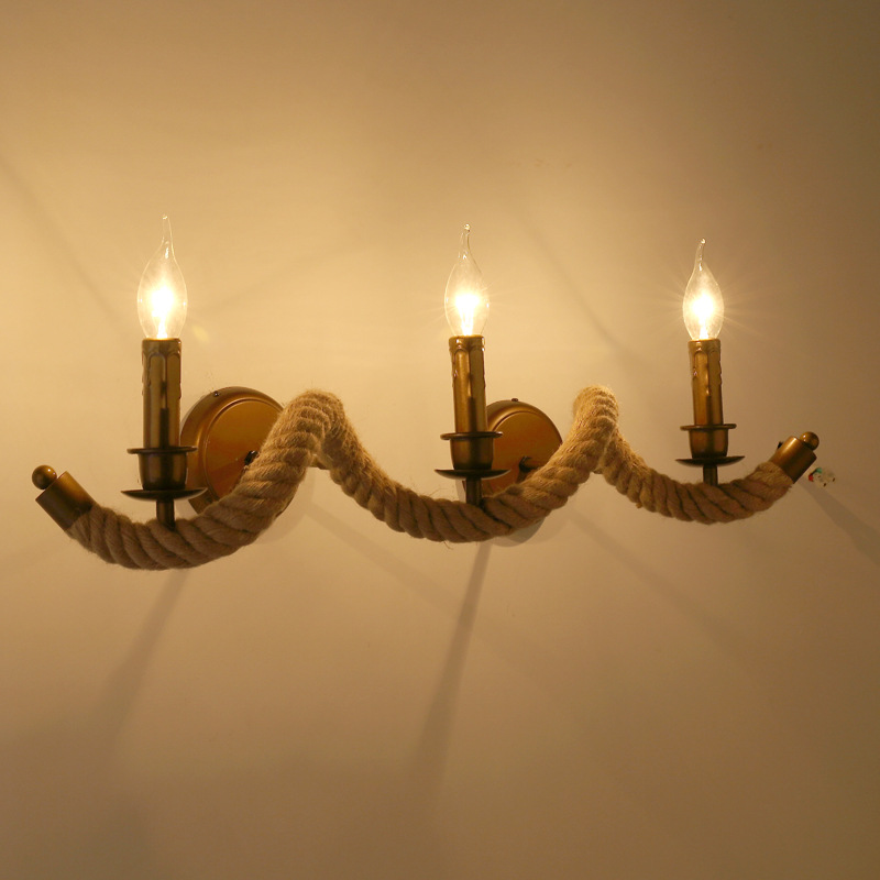美式復古麻繩壁燈臥室燈北歐簡約床頭壁燈3頭創意個性燈具走廊燈批發・進口・工廠・代買・代購