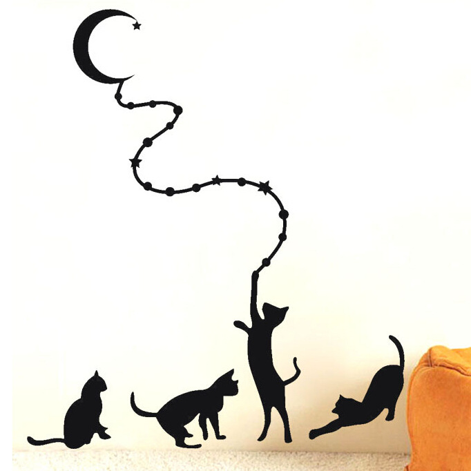 精雕一代手繪墻貼ebay亞馬遜爆款黑色貓咪月亮貼紙防水壁貼畫定製批發・進口・工廠・代買・代購