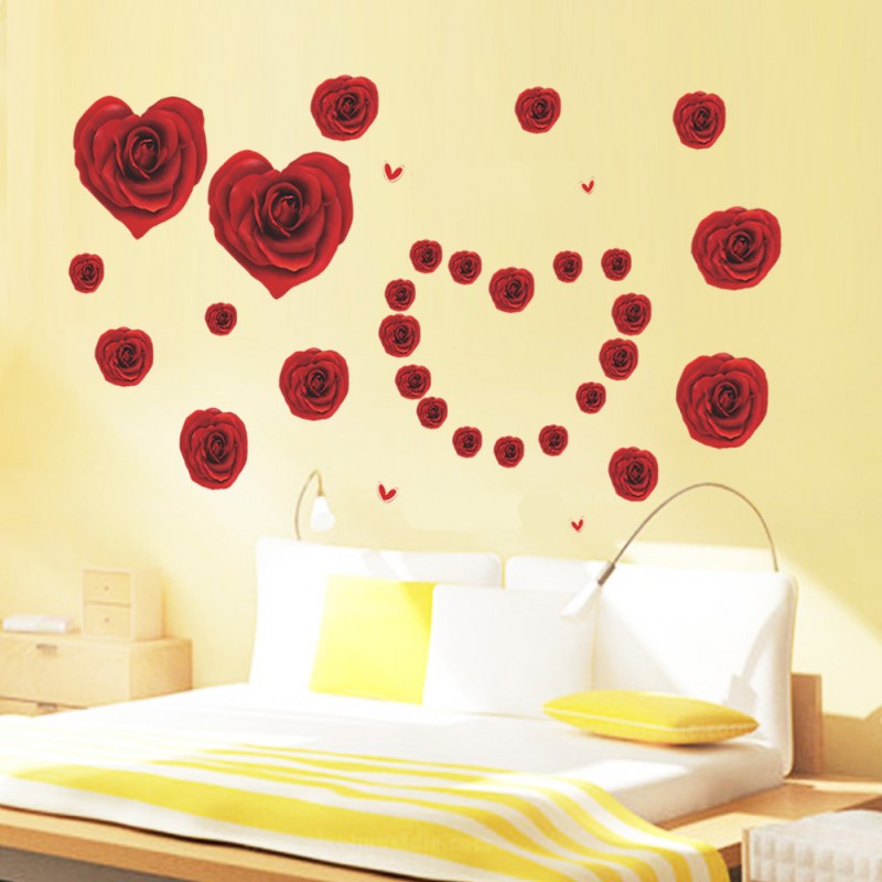 ZY061新款外貿紅色玫瑰情人婚房裝飾臥室沙發背景可移除墻貼紙批發・進口・工廠・代買・代購