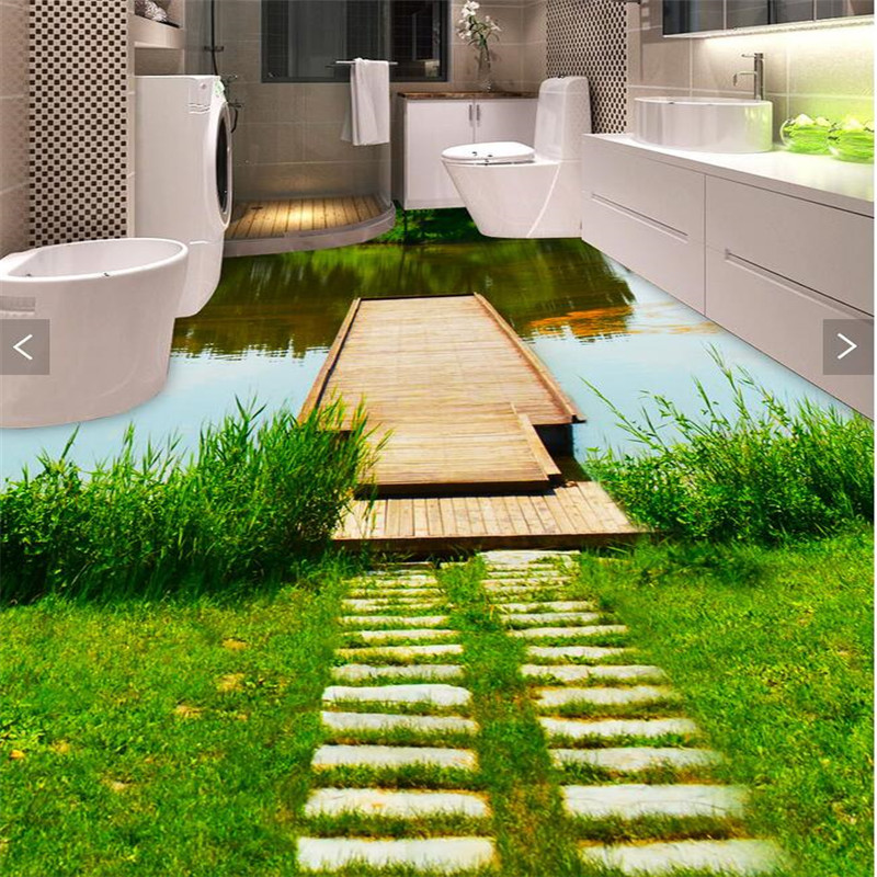 3D立體地板貼紙浴室廚房自黏地貼地板畫河灘小草清水現代大型地畫批發・進口・工廠・代買・代購