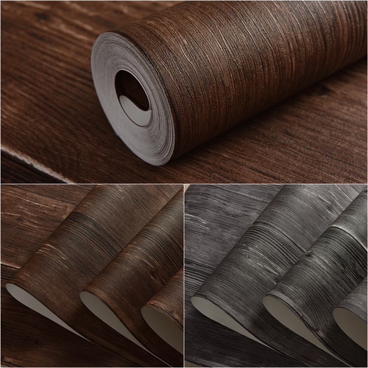 新款超逼真深褐色木紋壁紙防水PVC深灰色木板墻紙服裝店飯店裝修工廠,批發,進口,代購