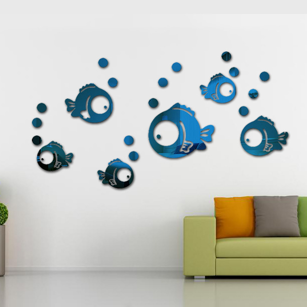 小魚防水創意3D亞克力立體鏡麵臥室幼兒園兒童房背景裝飾墻貼畫工廠,批發,進口,代購
