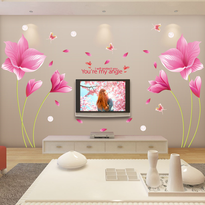 超大號粉紅蘭玫瑰花客廳沙發背景墻貼 臥室貼紙裝飾墻壁 可移除工廠,批發,進口,代購