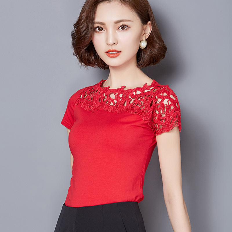新款廠傢夏裝韓版蕾絲花邊紅色本命年女裝短袖T恤女修身打底小衫批發・進口・工廠・代買・代購