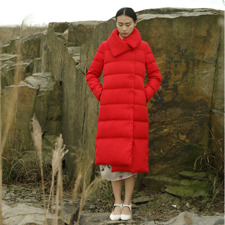 2016冬季新款加厚長款羽絨衣女 大紅色羽絨衣 翻領修身女裝批發・進口・工廠・代買・代購