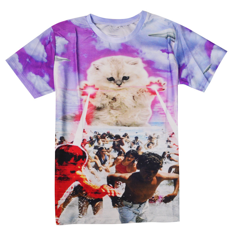 一件批發速賣通eBay亞馬遜爆款女款3D印花T恤貓星人短袖廠傢現貨工廠,批發,進口,代購