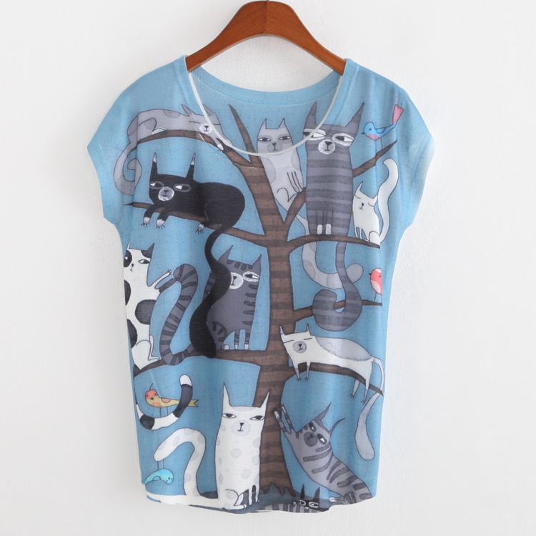2015夏季新款藍色貓傢族女裝短袖T恤 數位印花外貿2015 速賣通批發・進口・工廠・代買・代購