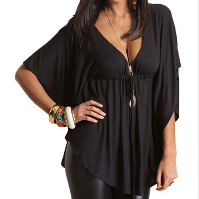 速賣通  eBay 大碼 2016純色寬松V領系帶蝙蝠袖T恤胖mm歐美女裝批發・進口・工廠・代買・代購